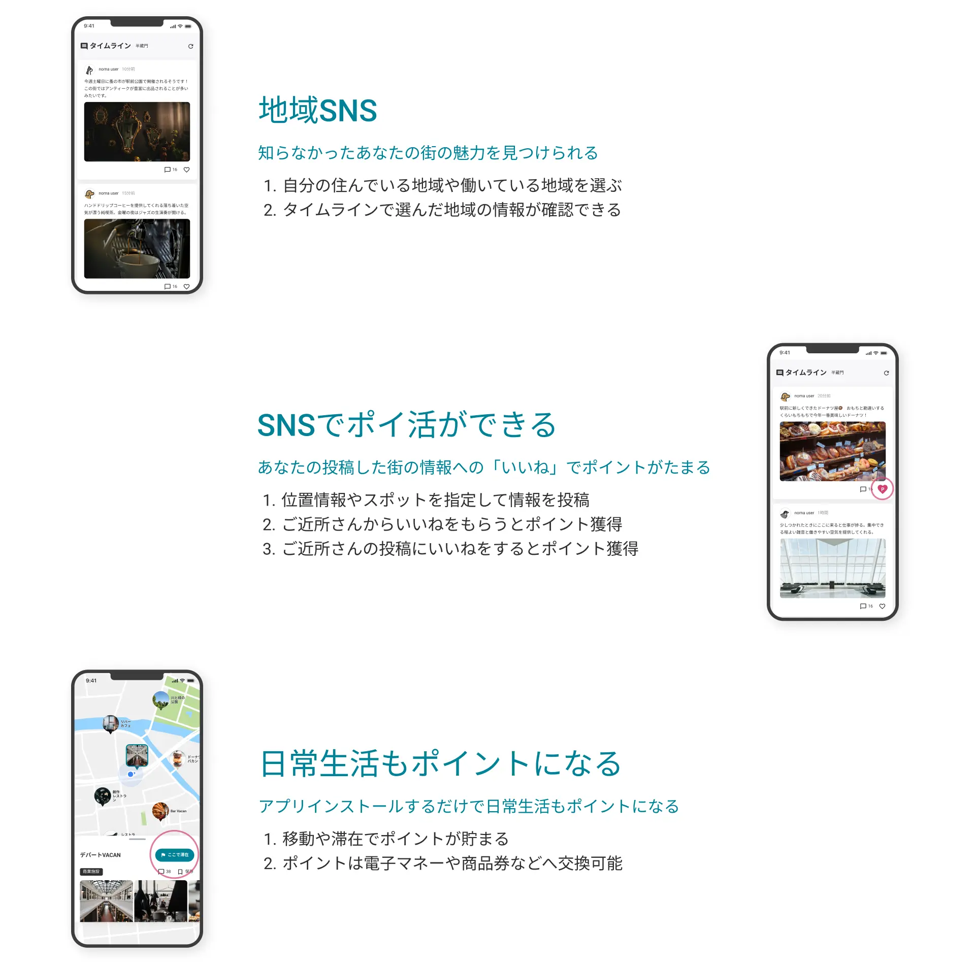 地域SNS：知らなかった、あなたの街の魅力を見つけられる。自分の住んでいる地域や働いている地域を選ぶ。タイムラインで選んだ地域の情報が確認できる。SNSでポイ活ができる：あなたの投稿した街の情報への「いいね」でポイントがたまる。位置情報やスポットを指定して情報を投稿。ご近所さんからいいねをもらうとポイント獲得。
ご近所さんの投稿にいいねをするとポイント獲得。日常生活もポイントになる：アプリインストールするだけで日常生活もポイントになる。移動や滞在でポイントが貯まる。ポイントは電子マネーや商品券などへ交換可能。