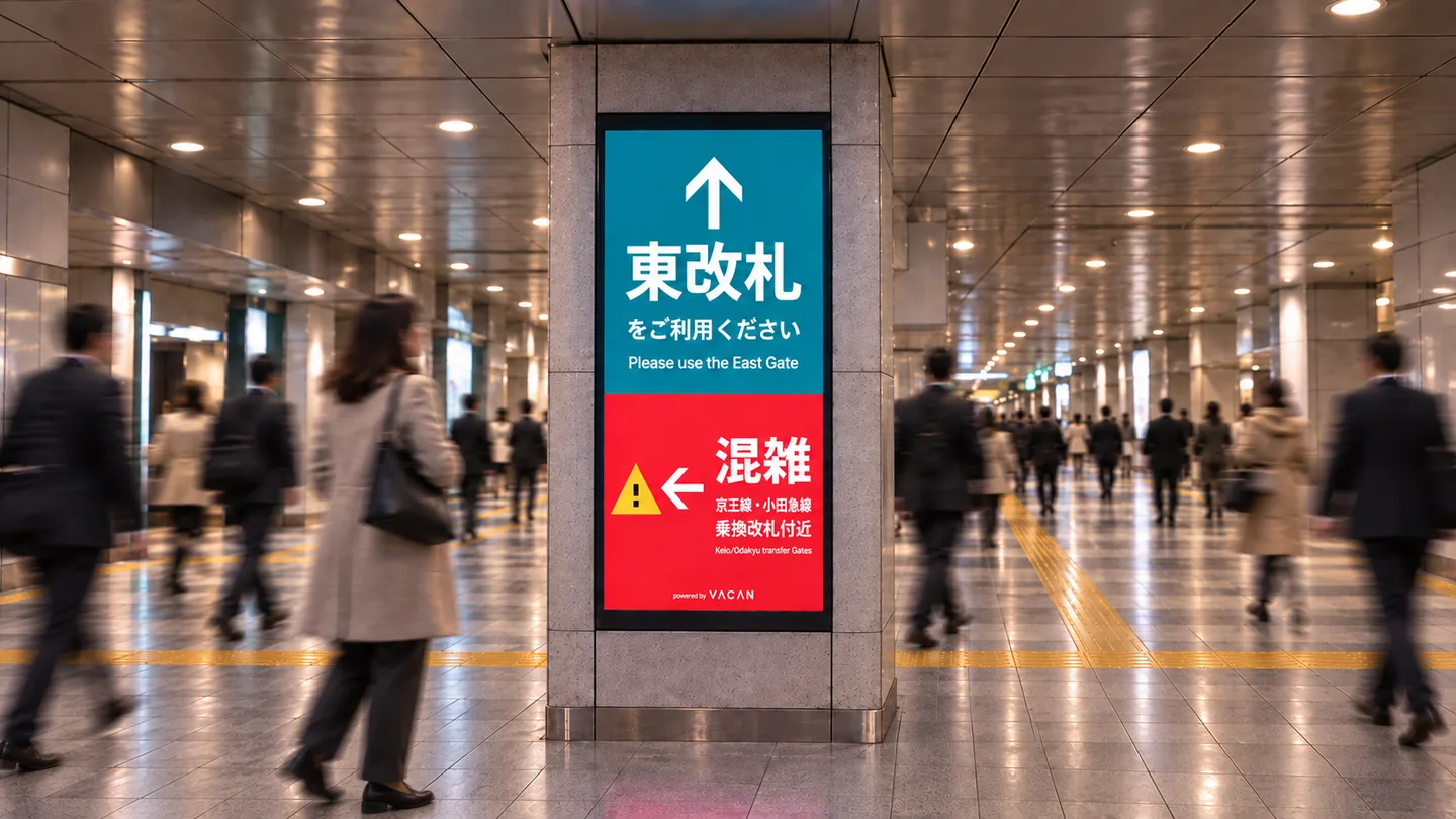 JR新宿駅東口の混雑を表示するサイネージ
