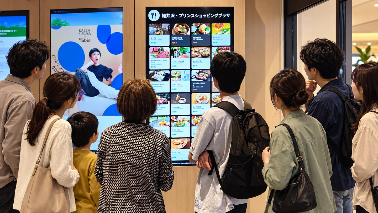 軽井沢・プリンスショッピングプラザのフードコートの混雑を表示するサイネージ