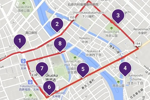 天神のコースと混雑の観測地点 8 か所を示した地図（ツール・ド・九州 2026）