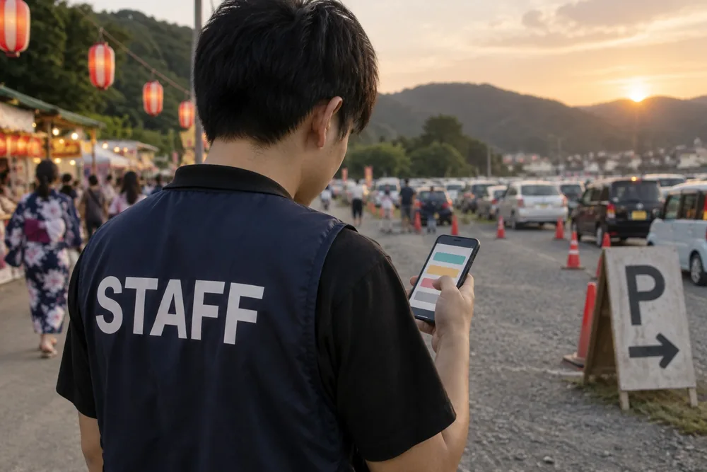 臨時駐車場の入口で、スマートフォンから混雑状況を選ぶ、背中に STAFF と書かれたベストのスタッフ（イメージ）
