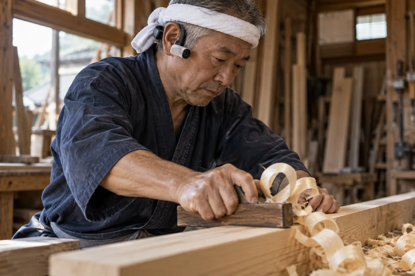 かんなで木を削る大工の熟練者を、耳に掛けた小さなカメラで、本人の目線から撮っている様子