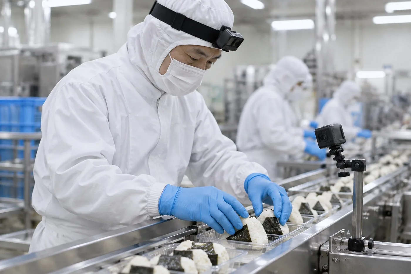 食品工場のラインでおにぎりを並べる熟練者を、頭に付けたカメラと、ラインに据えた定点カメラで撮っている様子