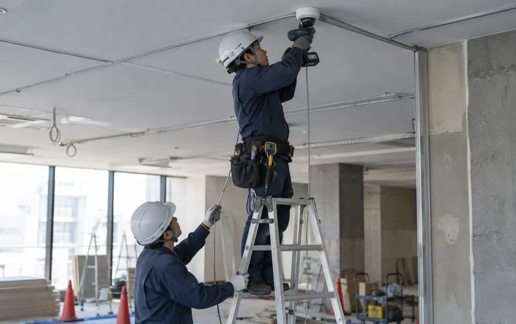 改装中の建物で、脚立に乗った職人が天井にカメラを取り付け、もう一人が下で脚立を支えている