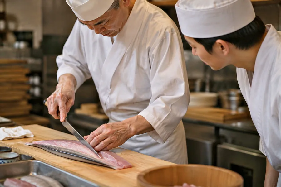 魚をおろす板前の包丁さばきを、見習いが肩越しに見て覚えようとしている