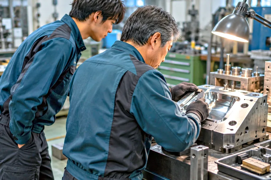 金型の鏡面を手で磨く熟練者の手元を、新人が後ろから見ている