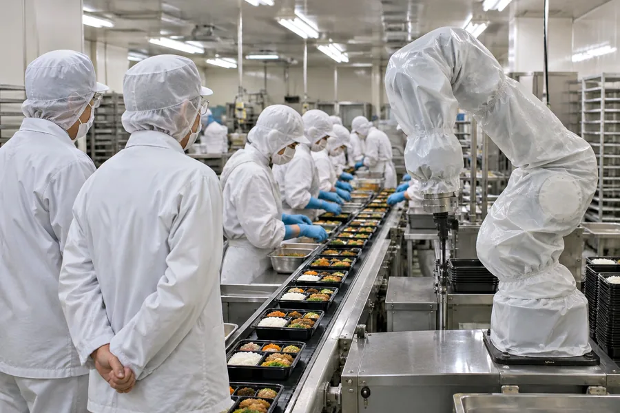 覆いを掛けた食品用ロボットの横で、人が弁当の盛り付けを続けている