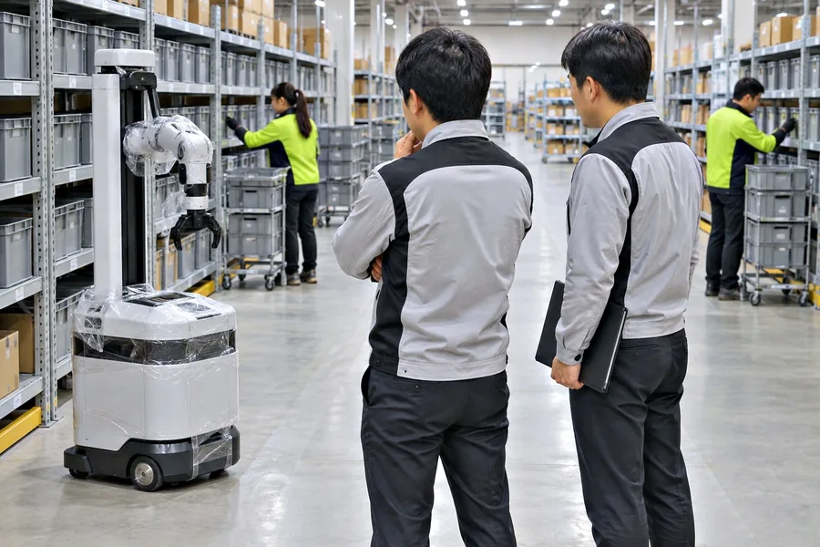 止まったままのピッキングロボットの前で管理者が考え込み、奥では人が棚から商品を集め続けている