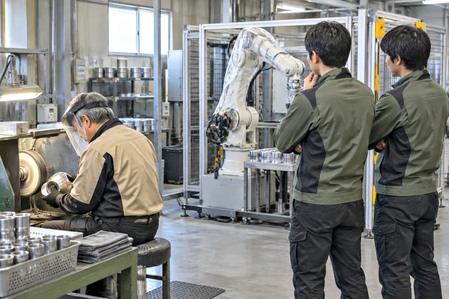 止まったままの研磨ロボットの前で管理者が考え込み、隣で熟練者が手で磨き続けている