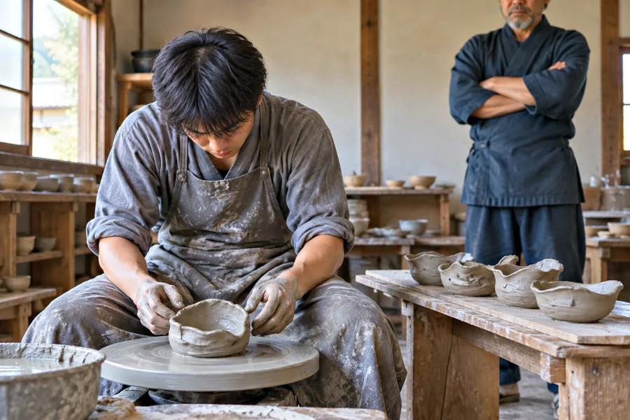 形の崩れた器が並ぶ横で弟子がろくろを回し、師匠は腕を組んで見ている