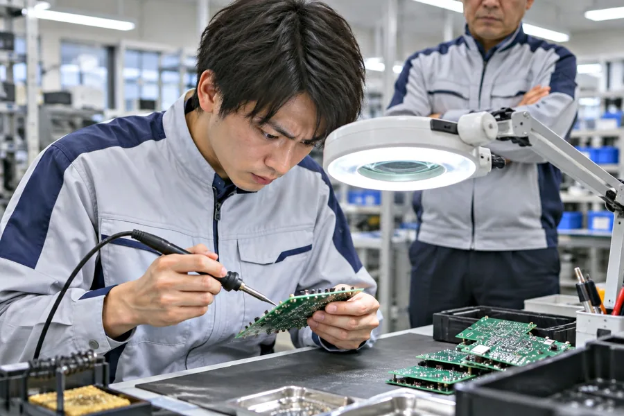 はんだが乱れた基板を前に新人が作業し、熟練者は腕を組んで見ている