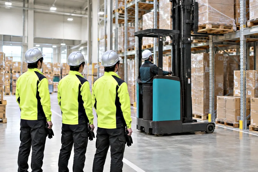 フォークリフトで荷を棚に上げる熟練者の後ろで、新人が 3 人並んで待っている