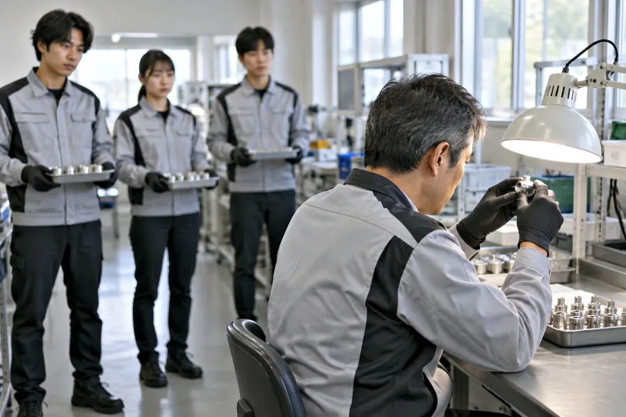 部品の傷を見極める熟練の検査員の後ろで、部品を持った新人が並んで待っている