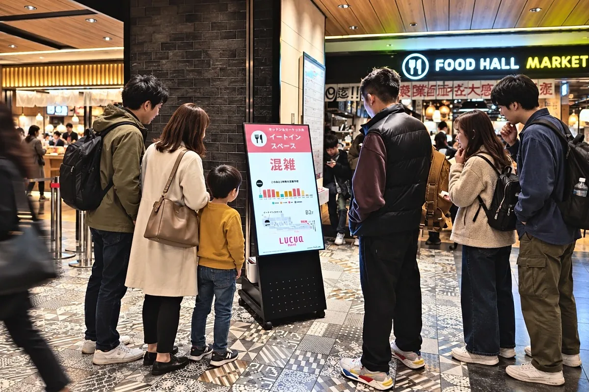 イートインスペースの混雑を知らせるサイネージを見る来訪者（LUCUA osaka）
