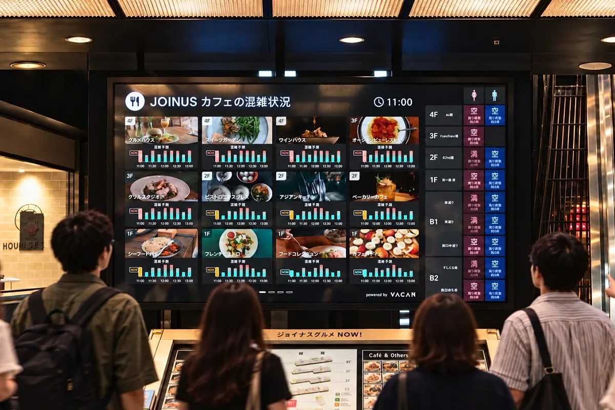 カフェの混雑予測とトイレの空き状況を表示する大型サイネージと、見上げる来訪者（相鉄ジョイナス）