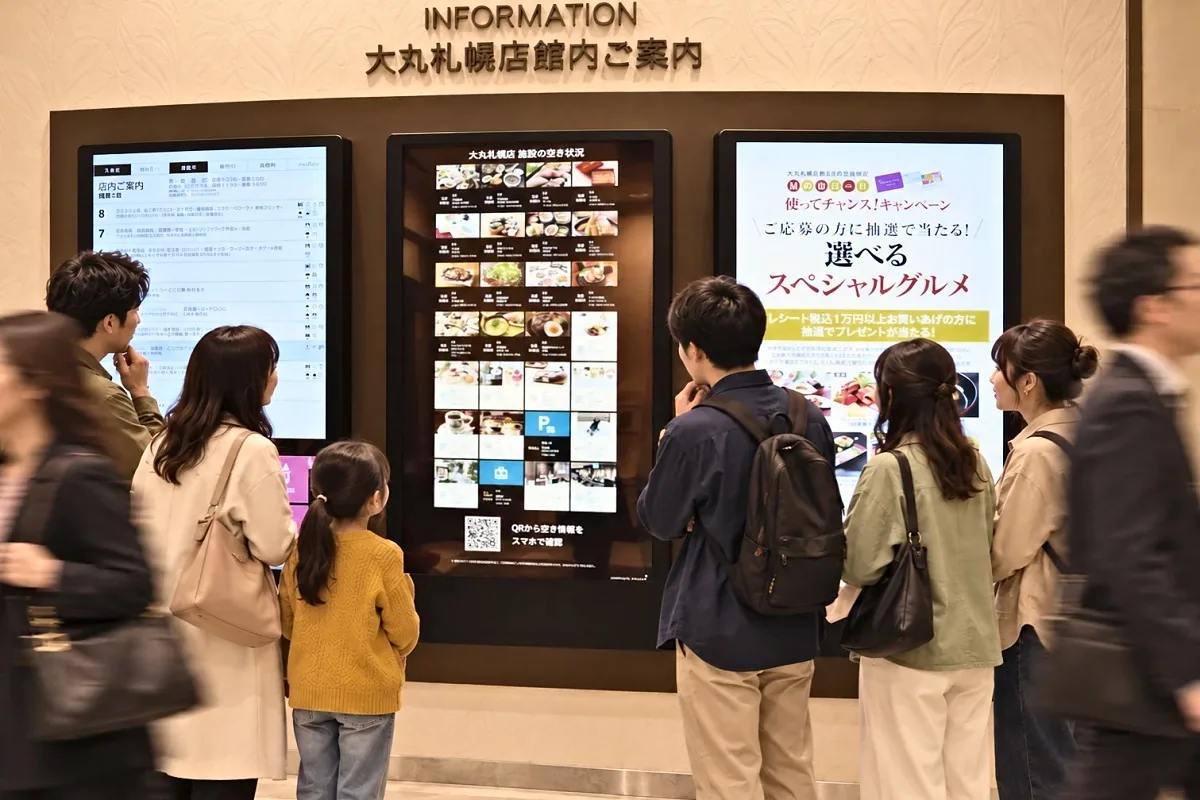 館内ご案内の施設の空き状況サイネージを見る来訪者（大丸札幌店）