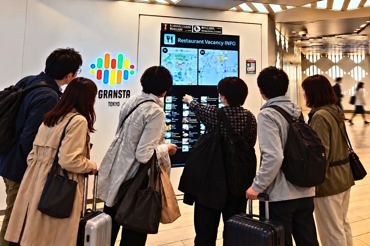 飲食店の空席情報サイネージを指さす来訪者（グランスタ東京）