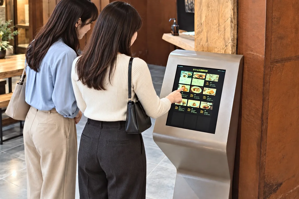カフェの混雑状況を表示する案内端末を操作する来訪者（阪急阪神百貨店）