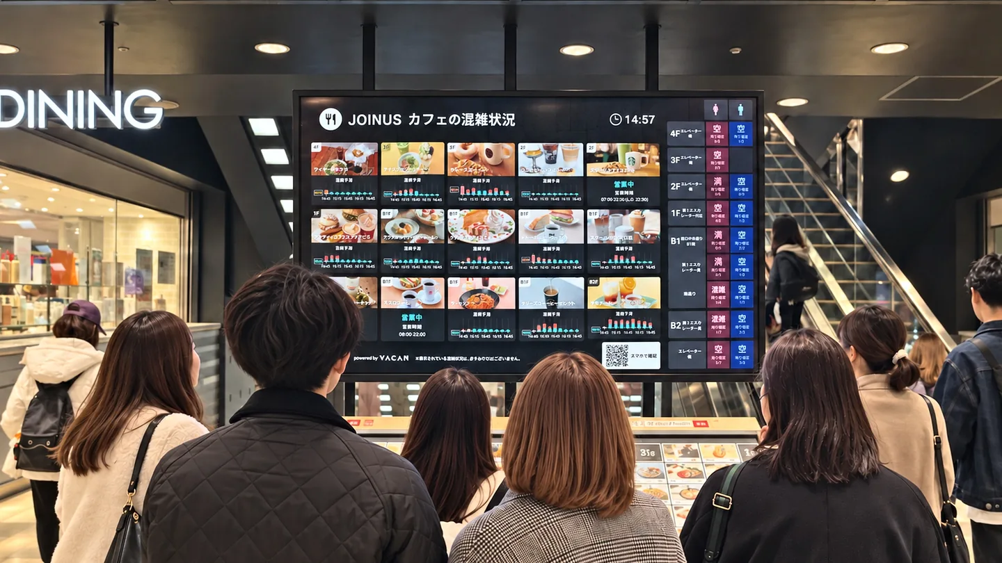 レストラン街の空席情報サイネージを見上げる来訪者（相鉄ジョイナス）