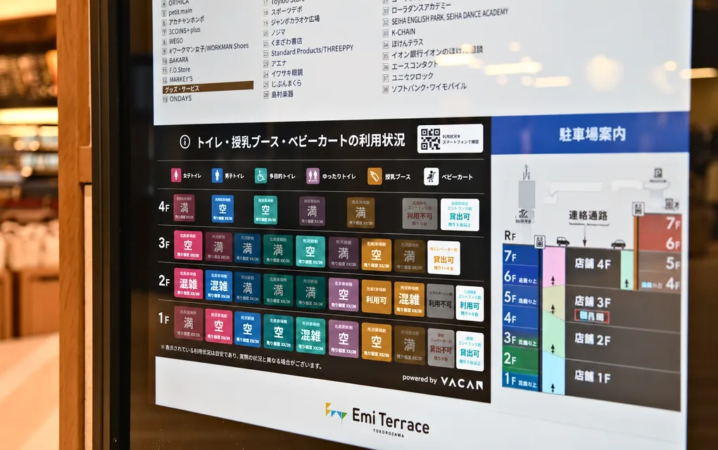 トイレ・授乳ブース・ベビーカーの利用状況を表示する館内のサイネージ（エミテラス所沢）