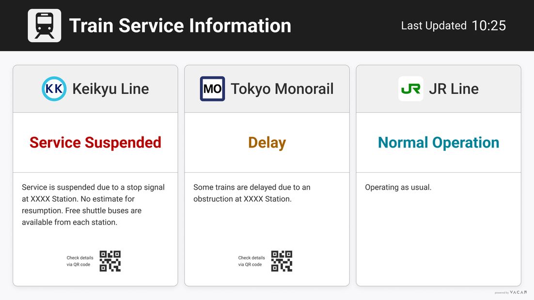 同じ運行状況の英語表示。駅名はサンプル