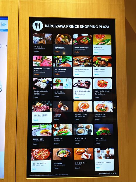 アウトレットの飲食店案内サイネージ（軽井沢プリンスショッピングプラザ）