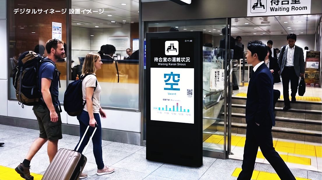 駅の待合室の混雑状況を表示するサイネージの設置イメージ