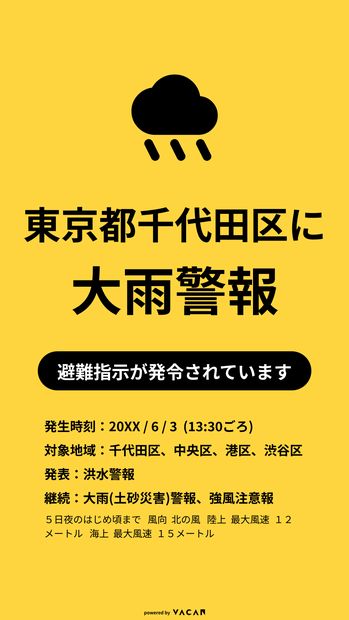 大雨警報と避難指示を知らせる表示画面