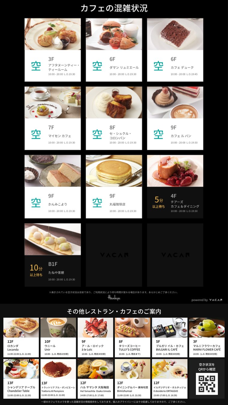 カフェの混雑状況をフロア別に表示した画面（阪急阪神百貨店）