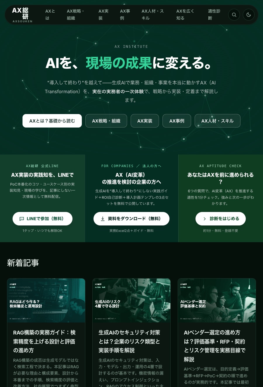 AX総研のトップページ。「AIを、現場の成果に変える。」の見出しの下に、AXとは・AX戦略・組織・AX実装・AX事例などのカテゴリと新着記事が並ぶ