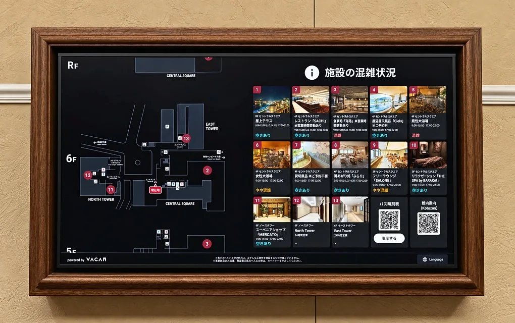 館内施設の混雑状況を表示するサイネージ（ラビスタ熱海）