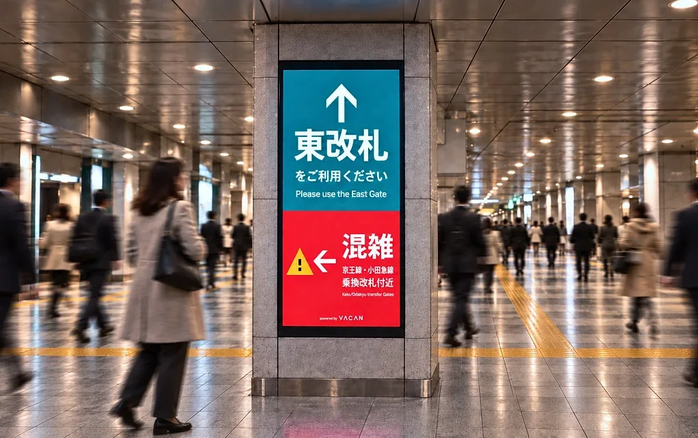 駅の通路の柱に立つ、混雑と別の改札を案内するサイネージ