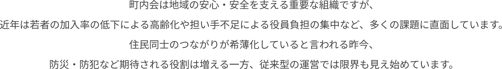 
            町内会は地域の安心・安全を支える重要な組織ですが、
近年は加入率の低下や担い手不足、高齢化による役員負担の集中など、多くの課題に直面しています。
住民同士のつながりが希薄化していると言われる昨今、
防災・防犯など期待される役割は増える一方、従来型の運営では限界も見え始めています。