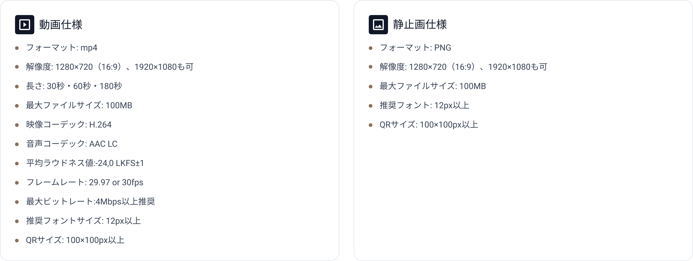 動画仕様 フォーマット：mp4 解像度：1280×720（16:9）、1920×1080も可 長さ：30秒 最大ファイルサイズ：100MB 映像コーデック：H.264 音声コーデック：AAC LC 平均ラウドネス値：-24.0 LKFS±1 フレームレート：29.97 or 30fps 最大ビットレート：4Mbps以上推奨 推奨フォントサイズ：12px以上 QRコード：100×100px以上 静止画仕様 フォーマット：PNG 推奨フォント：12px以上 QRコード：100×100px以上 最大ファイルサイズ：100MB 解像度：1280×720（16:9）、1920×1080も可